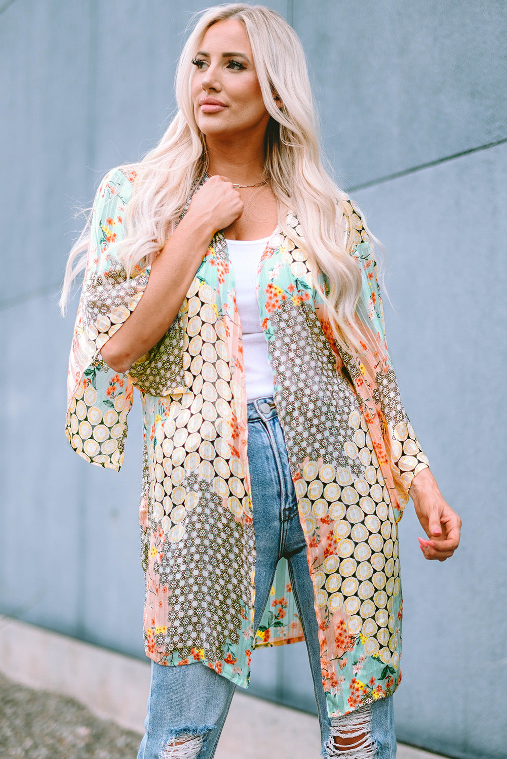 Veelkleurige bloemen open pure glanzende kimono