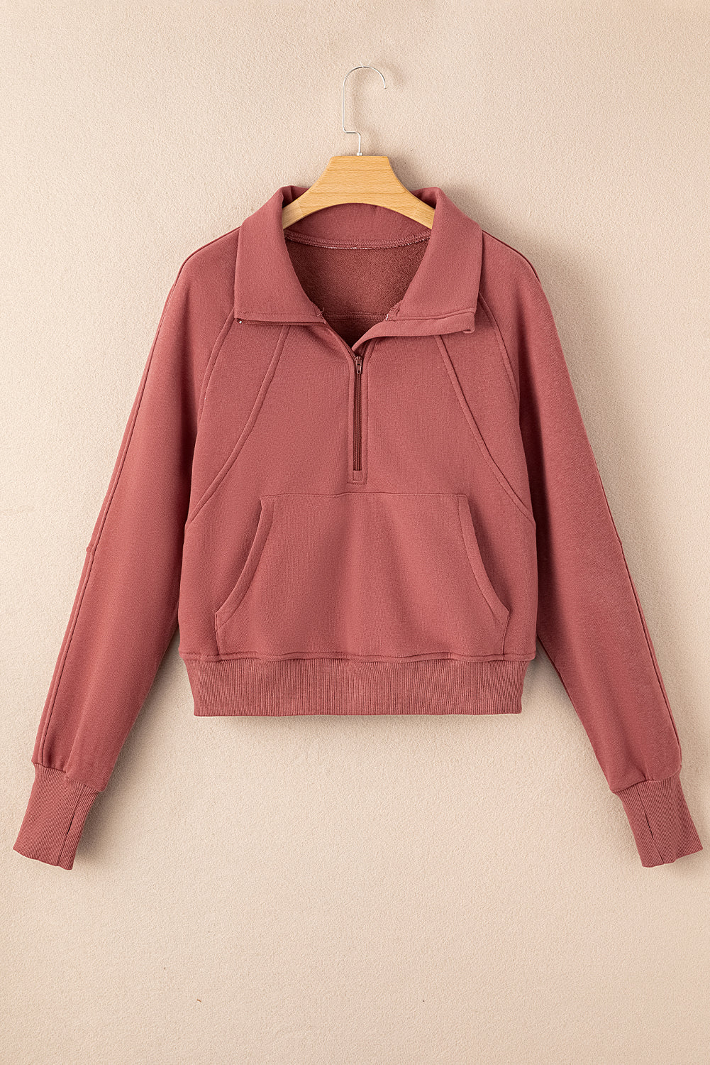 Smoke Green Fleece Lined Zip Up Stand Collar Thumbhole Sleeve Sweatshirt