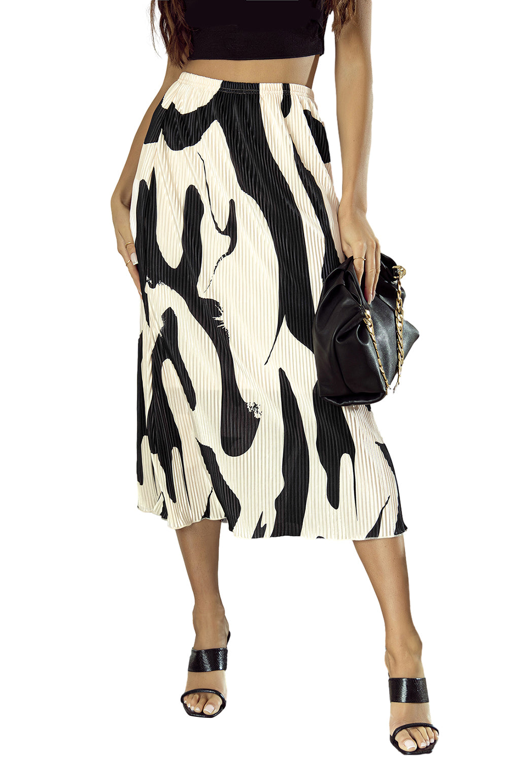 Zwarte geplooide midi-rok met geometrische print en colorblock-motief