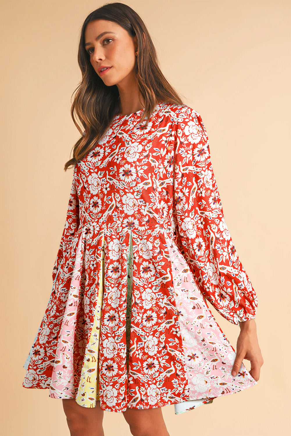 Rood kleurrijke bloemen patchwork lange mouw geplooide mini -jurk