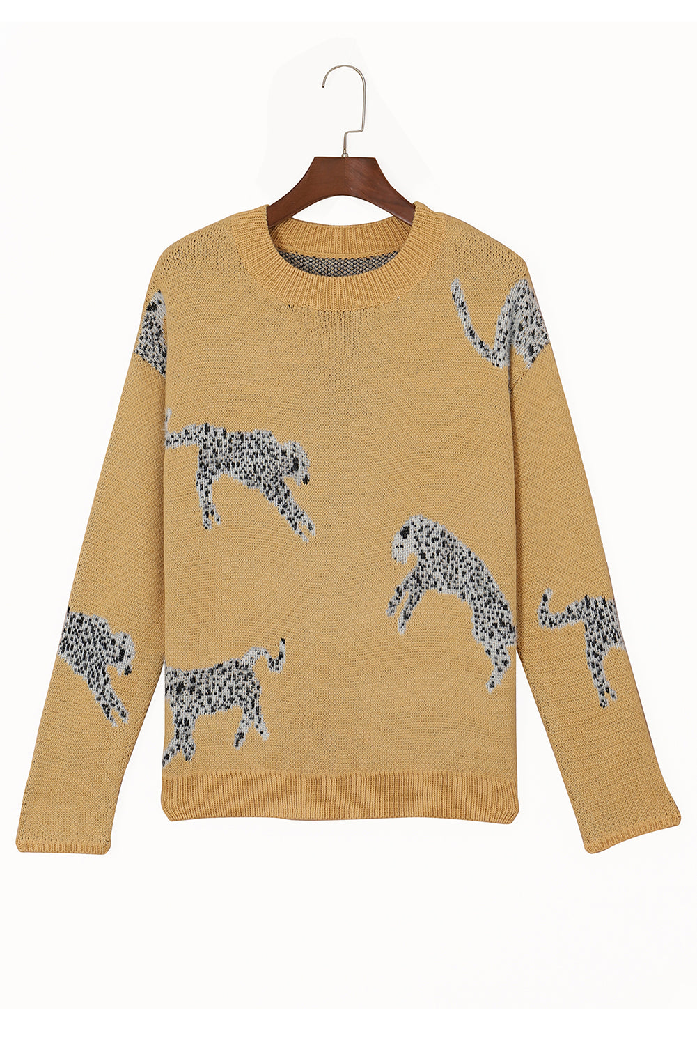 Camelkleurige trui met ronde hals en cheetah-accent