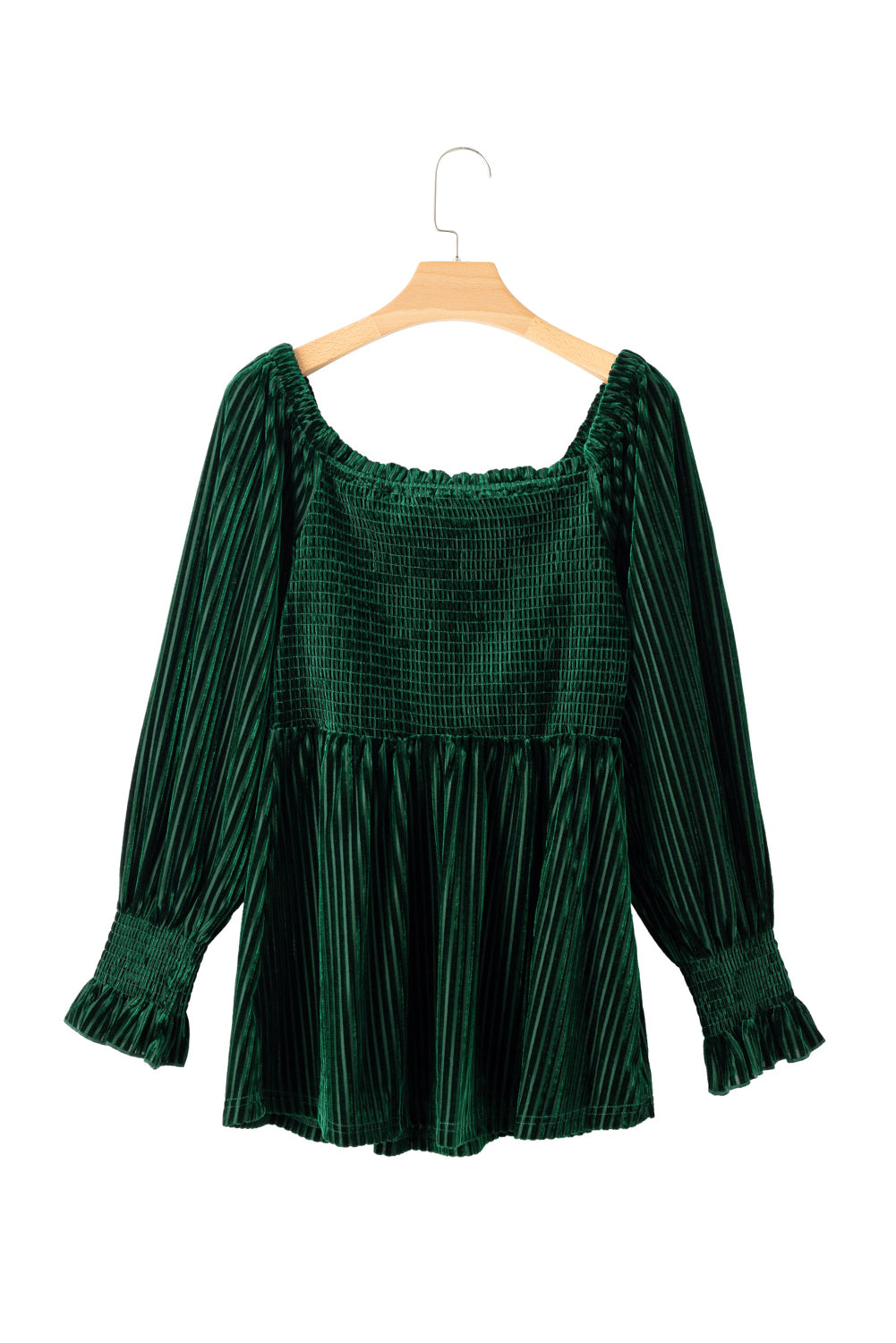 Zwartachtig groene gesmokte geribbelde fluwelen babydoll-top