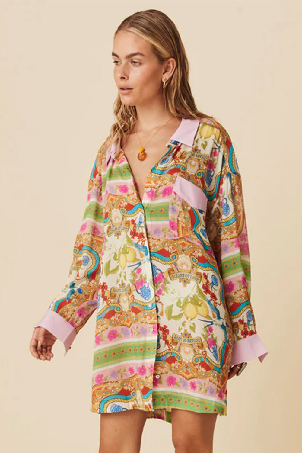 Multicolour boho bloemenprint geknoopte shirtjurk met lange mouwen