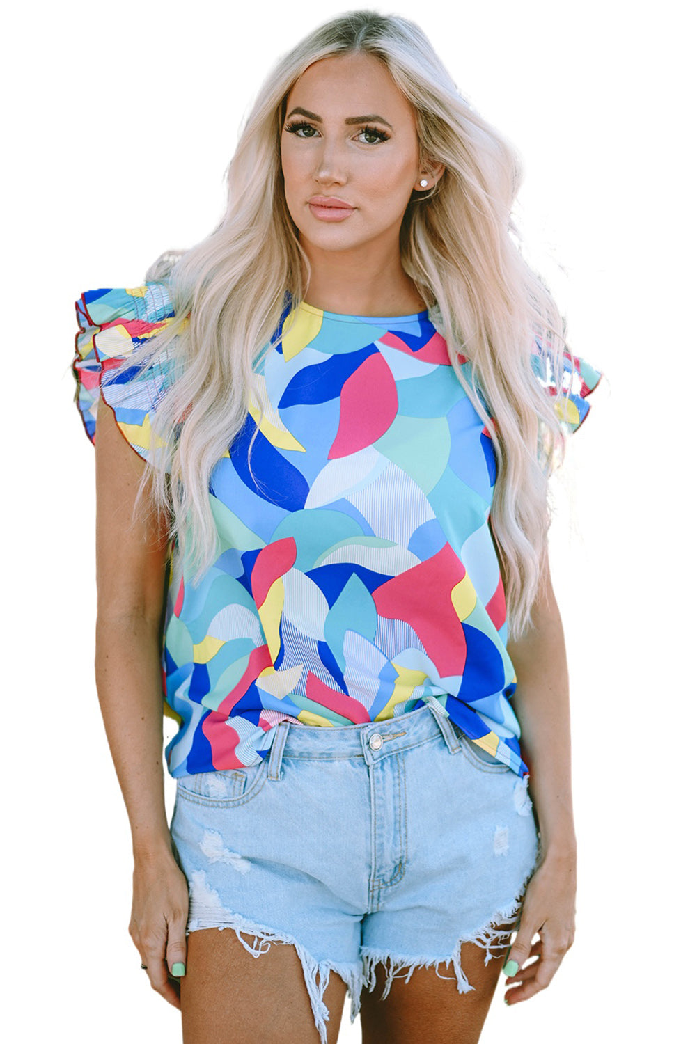 Blouse met veelkleurige abstracte print en stiksels met ruches aan de mouwen
