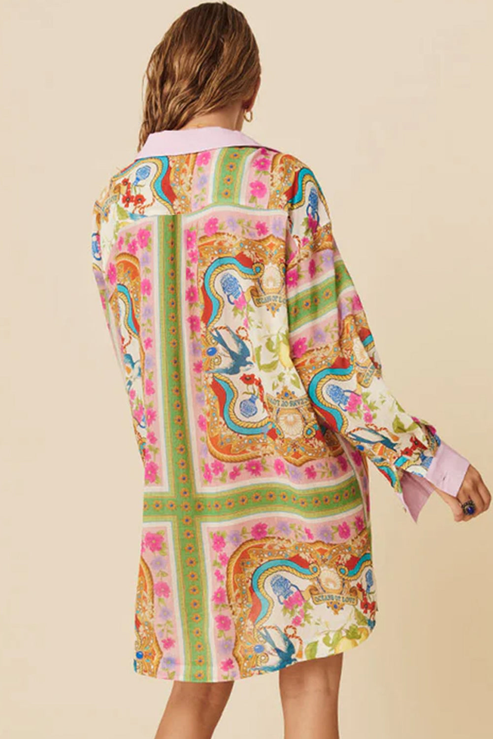 Multicolour boho bloemenprint geknoopte shirtjurk met lange mouwen