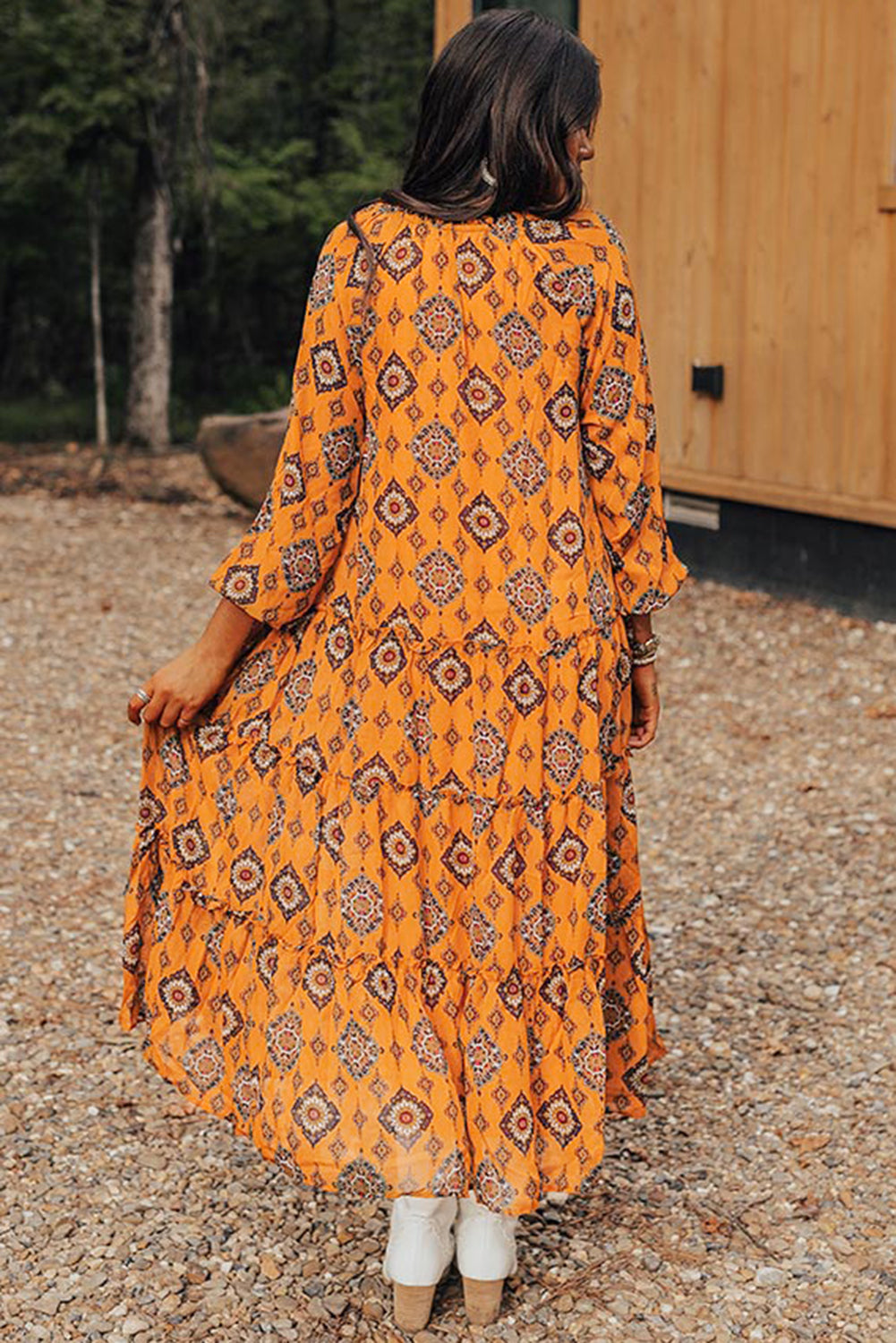 Oranje westerse geometrische print gelaagde frisdress los fit midi -jurk