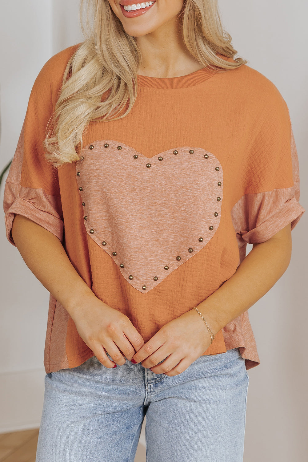 Desert Gold Stud Heart Patch getextureerde front Dolman top