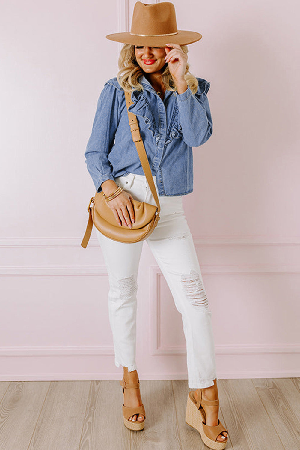 Dusk Blue Denim gegolfde casual top