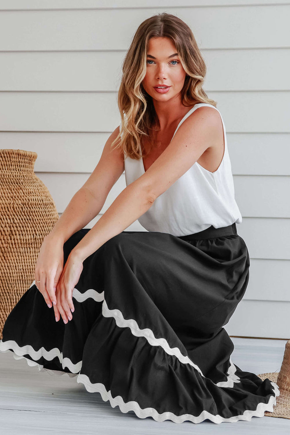 Zwarte Ricrac Trim Colorblock lange rok met hoge taille
