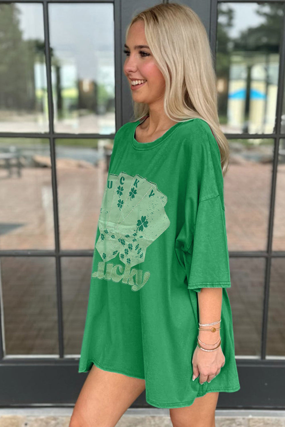 Bright Green Rhinestone Lucky Poker Cards extra grote T -shirt mini -jurk