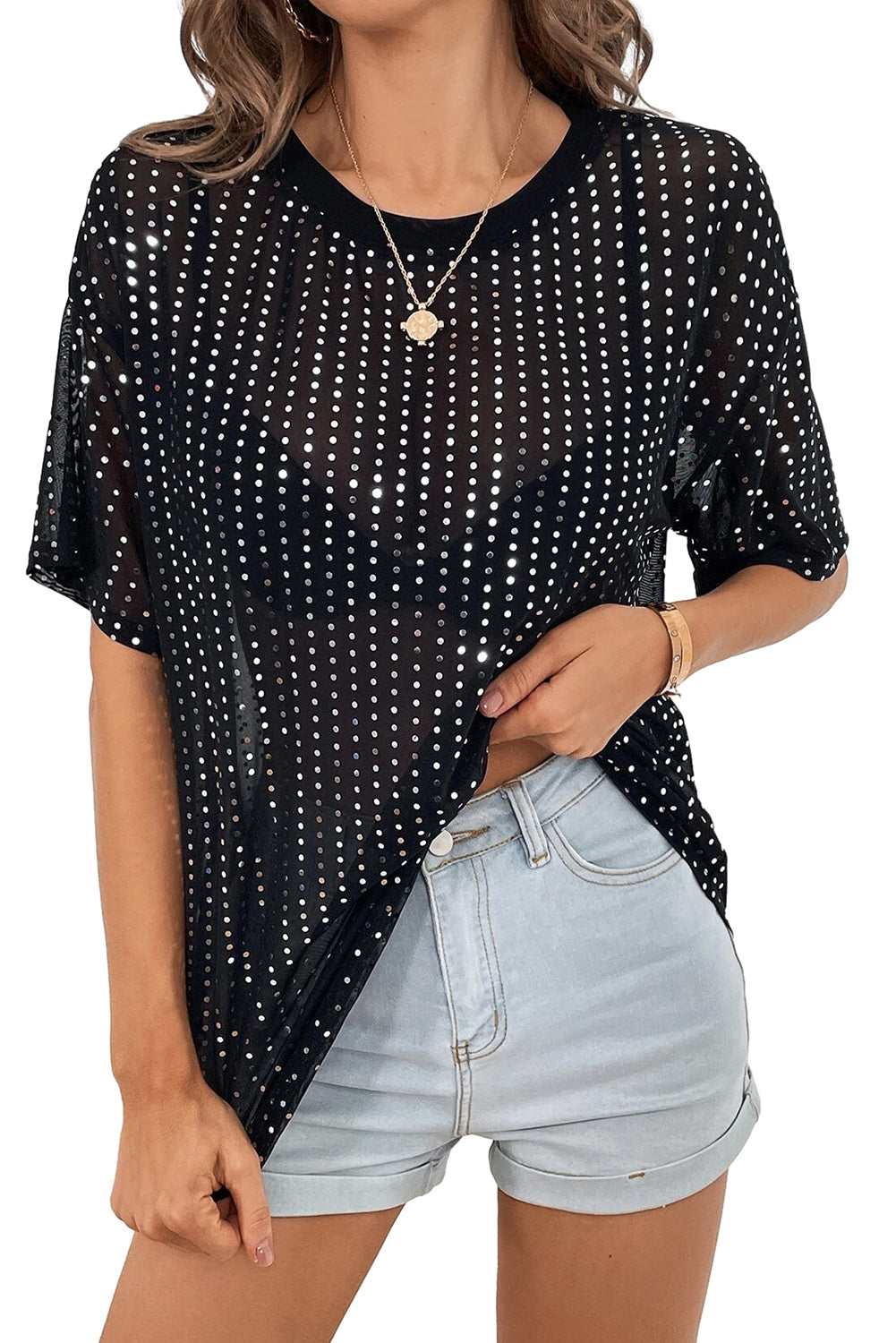 Zwart transparant T-shirt met lage schouder en pailletten
