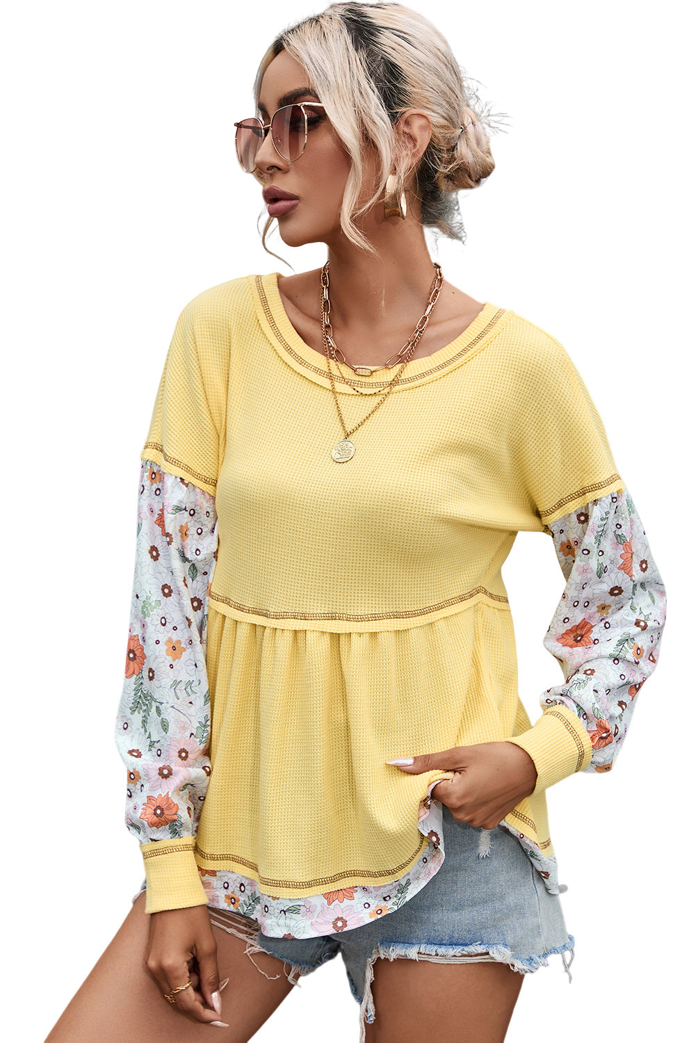 Geel bloemen patchwork wafelgebreide babydollblouse