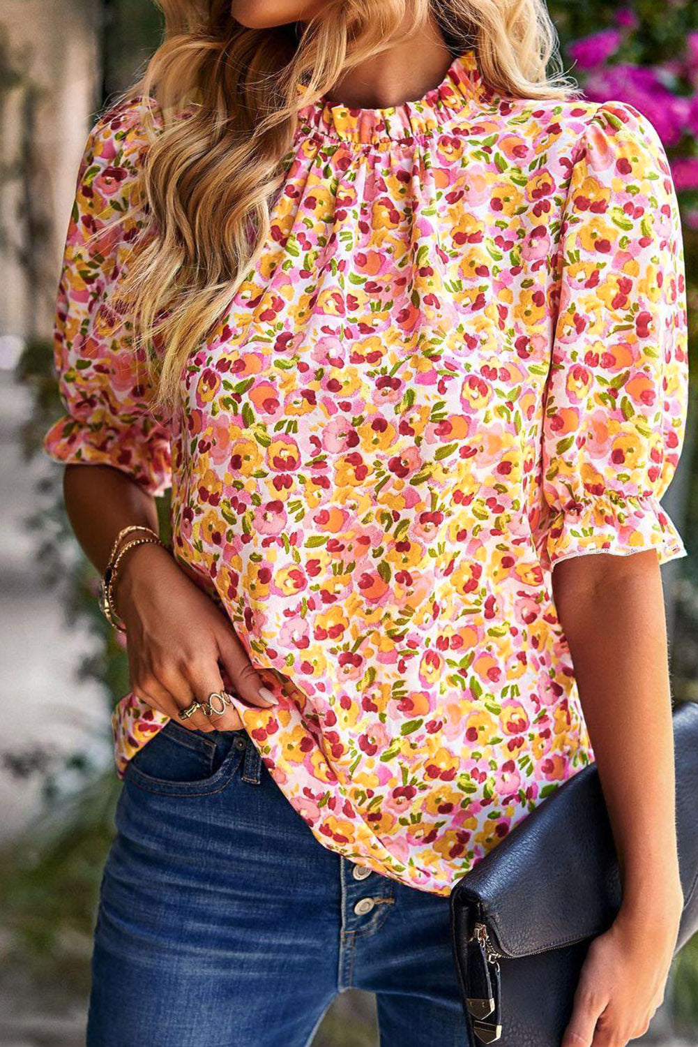 Oranje Boho bloemen ruches korte mouw franje mock hals blouse