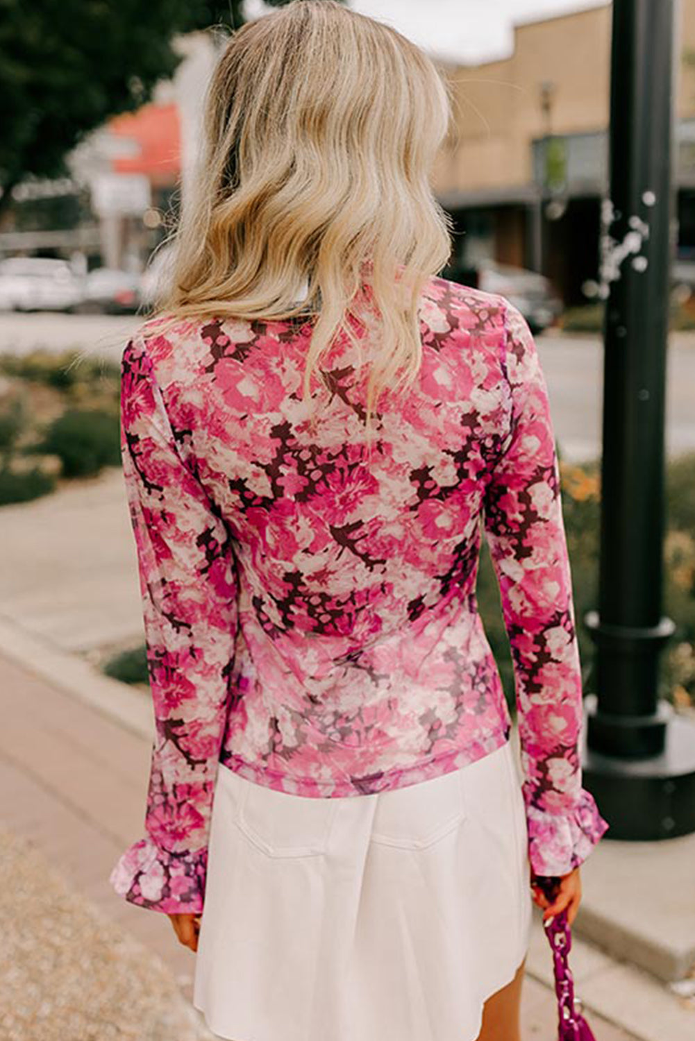 Rozen bloemen mesh founce mouw mock nek blouse