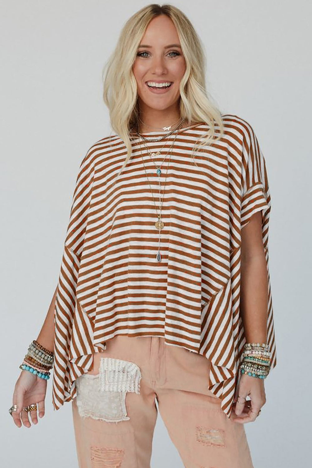 Kaki streep batwing mouw crewneck oversized top