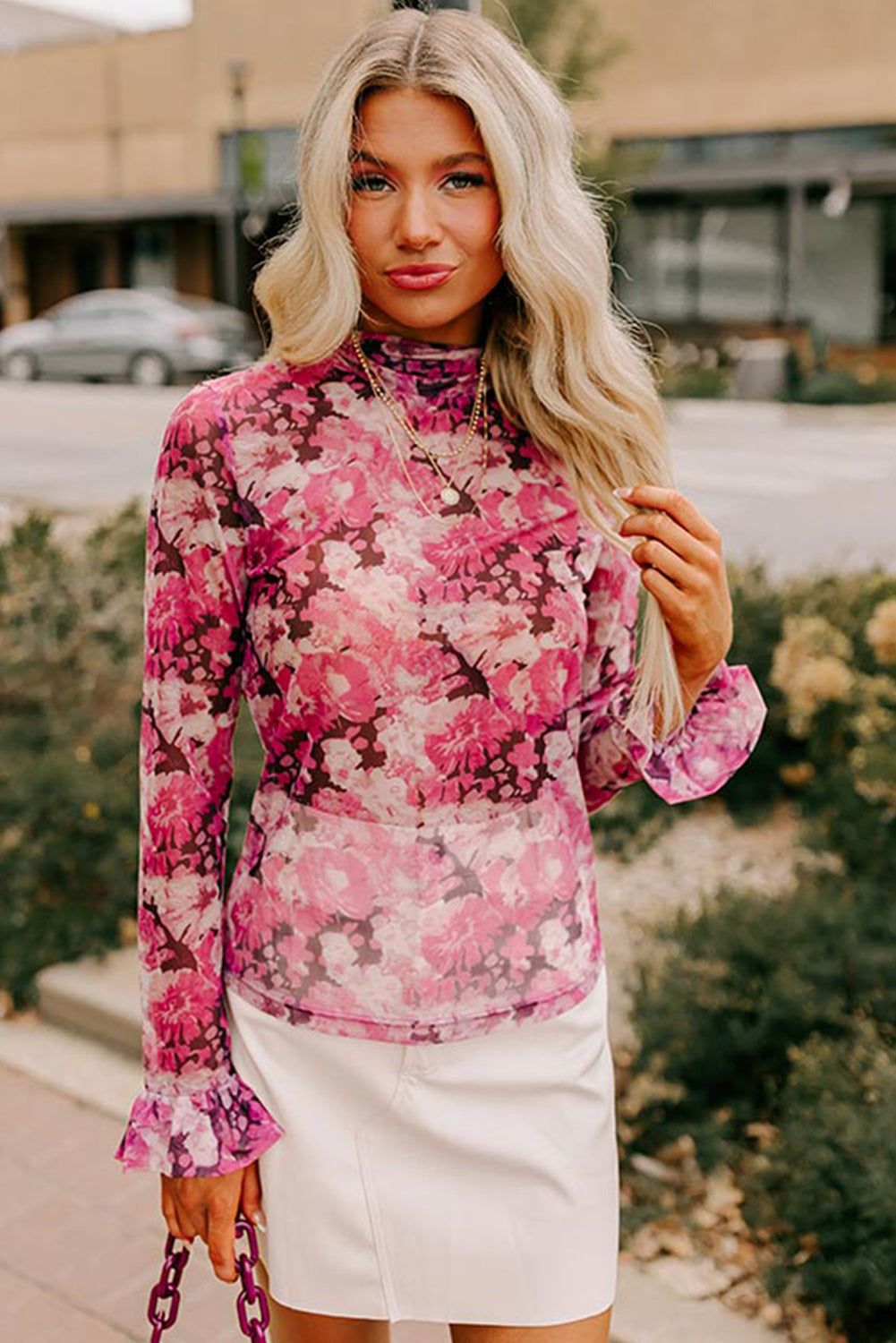Rozen bloemen mesh founce mouw mock nek blouse