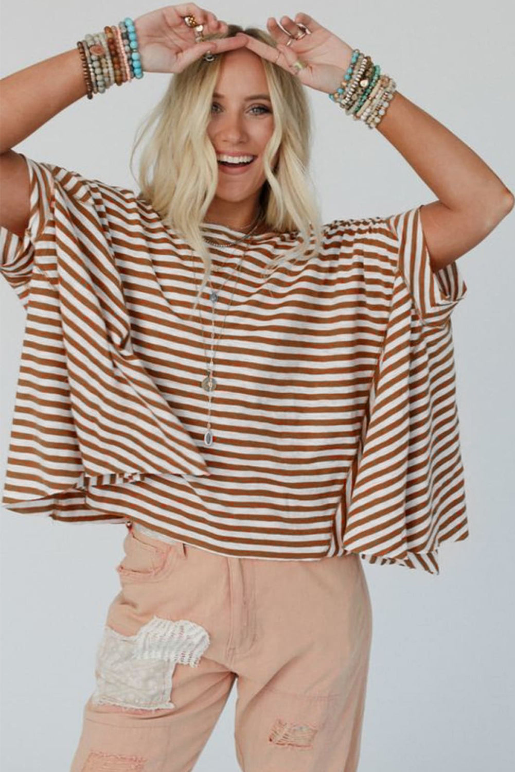 Kaki streep batwing mouw crewneck oversized top