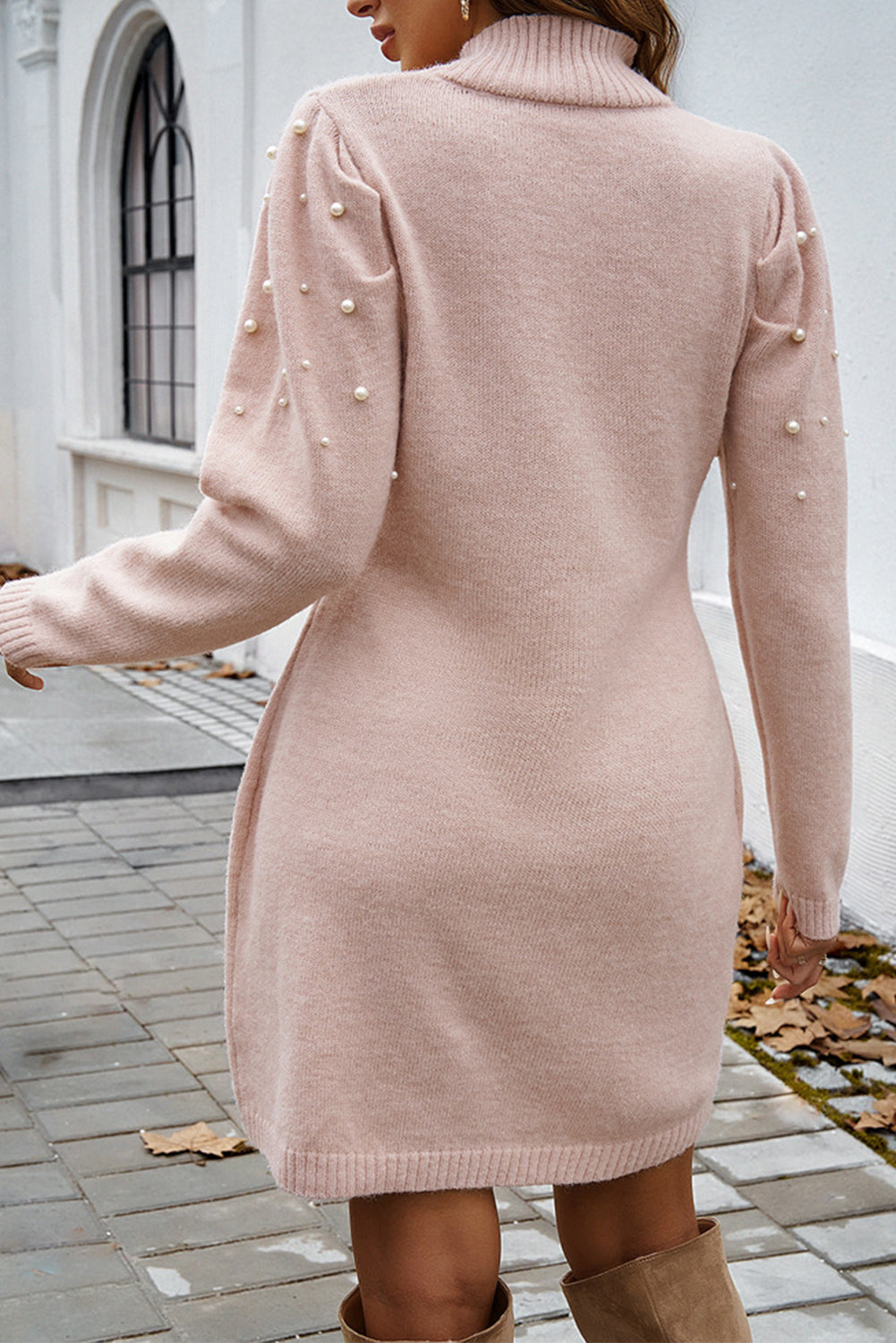 Abrikozen roze parel kralen hoge nek bodycon trui jurk