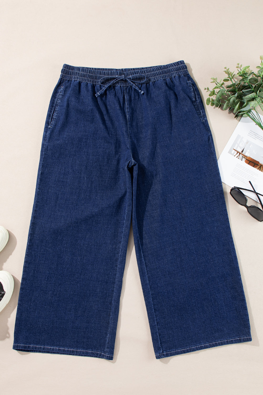 Real Teal Plus Size Drawstring High Taille Wide Leg Casual Jeans