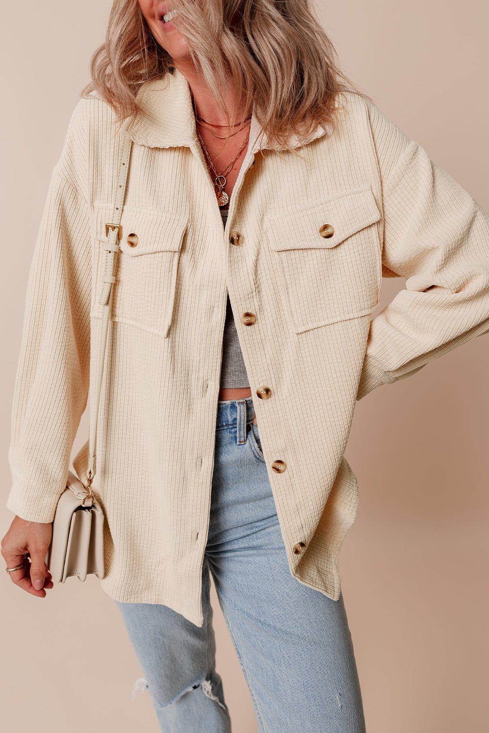 Havermout Corduroy Flap Pocket Button Up Shacket