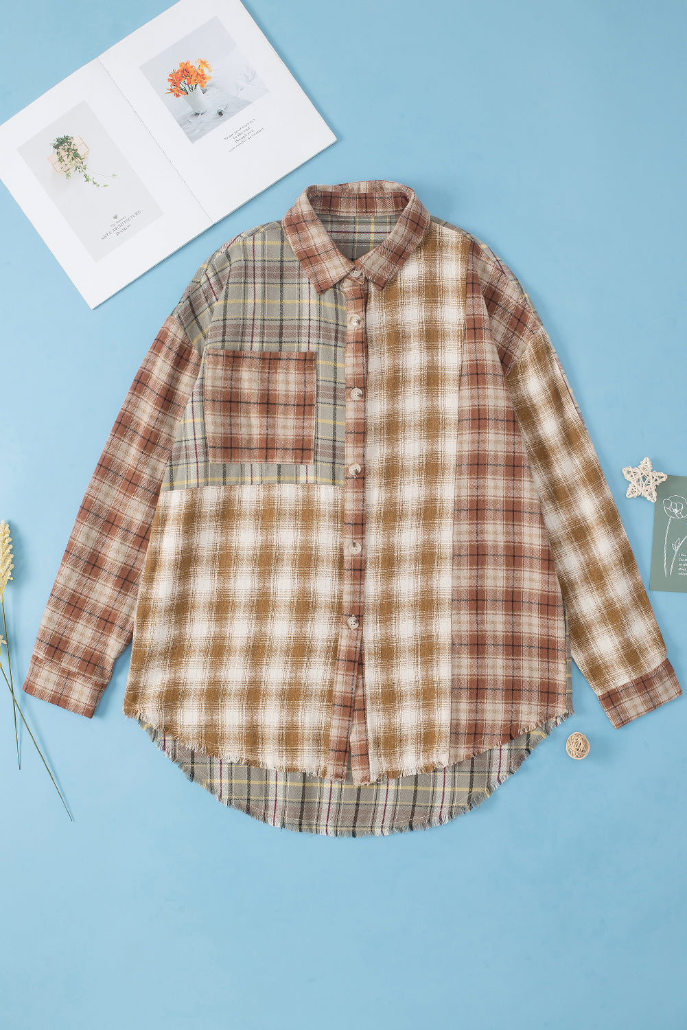 Bruin multi-geruit casual overhemd met ruwe rand en patchwork