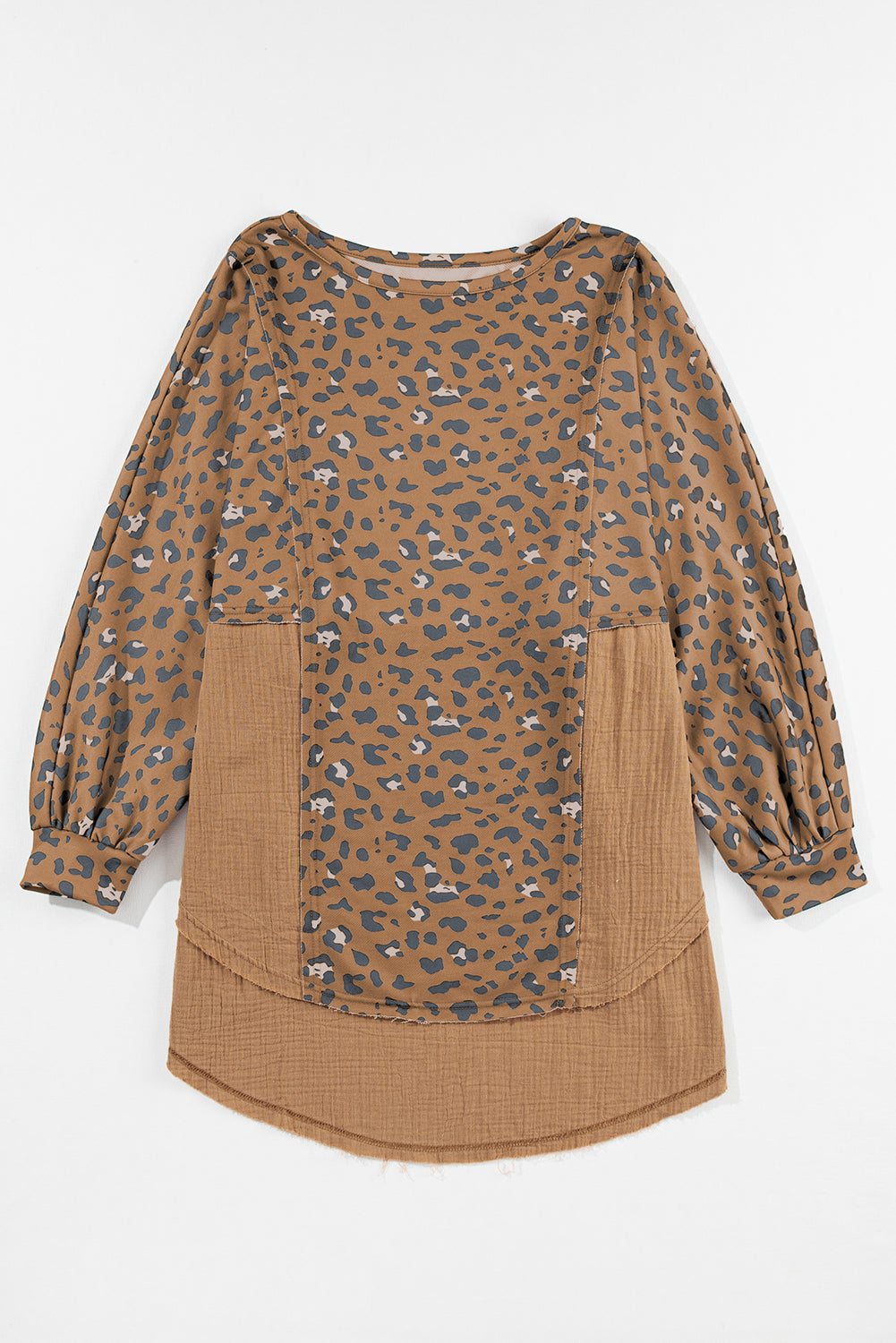 Bruin bedrukte ruwe rand luipaard patchwork oversized blouse