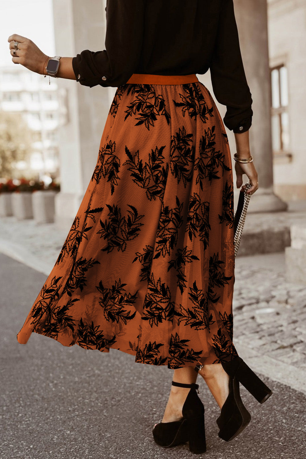 Gouden vlam bloemenbladeren geborduurd hoge taille maxi rok