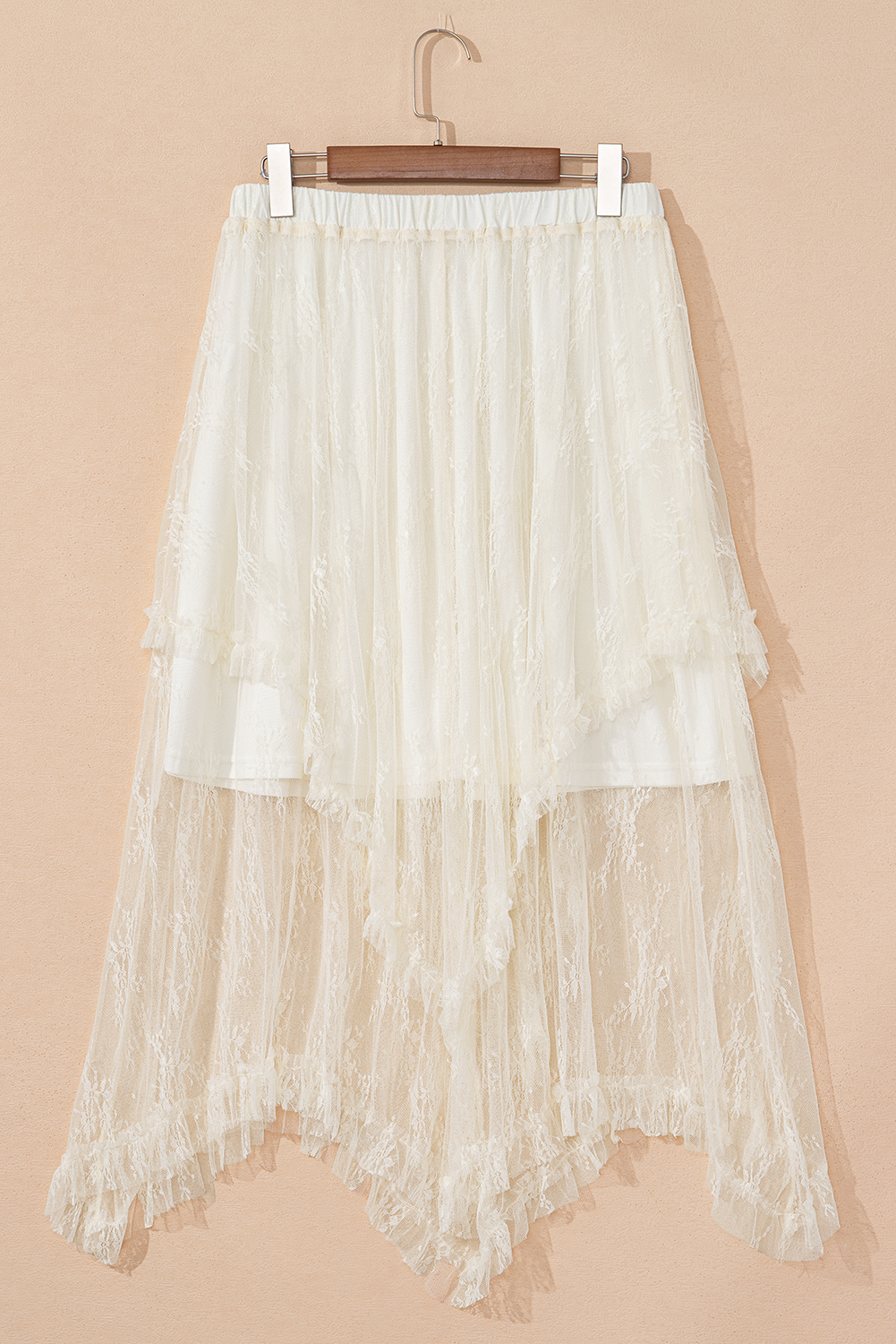 Beige Lace Cascading Tiered High Taille Maxi Rok