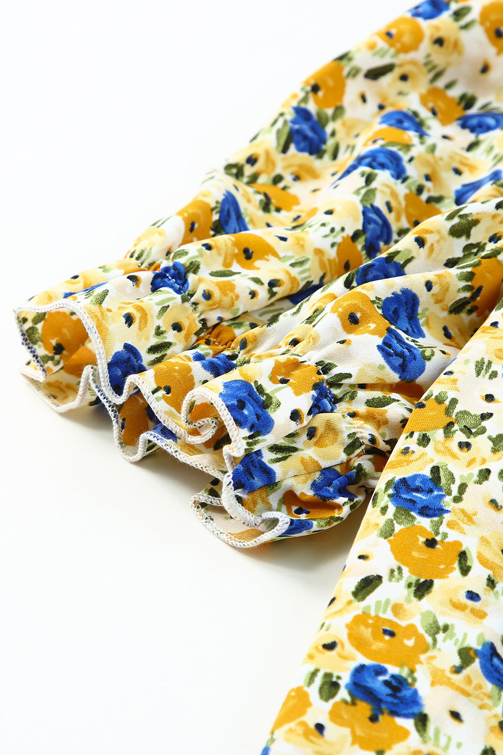 Gele Boho bloemen ruches korte mouw franje mock hals blouse