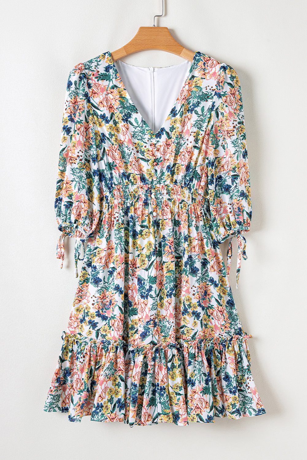 Sky Blue Floral 3/4 Sleeve V Neck High Taille Ruffled Dress