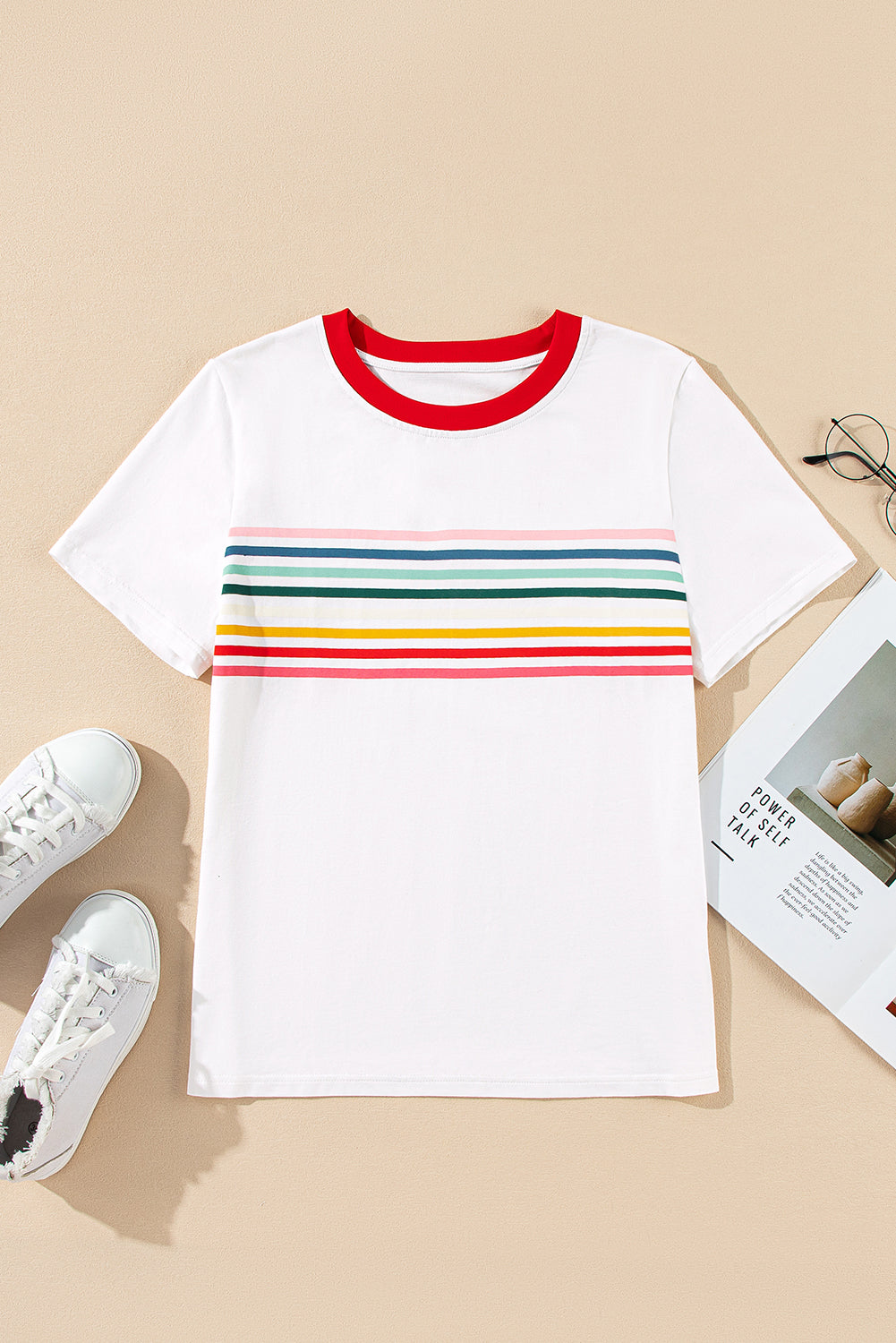 Witte regenboogstreep print contrast crewneck t -shirt