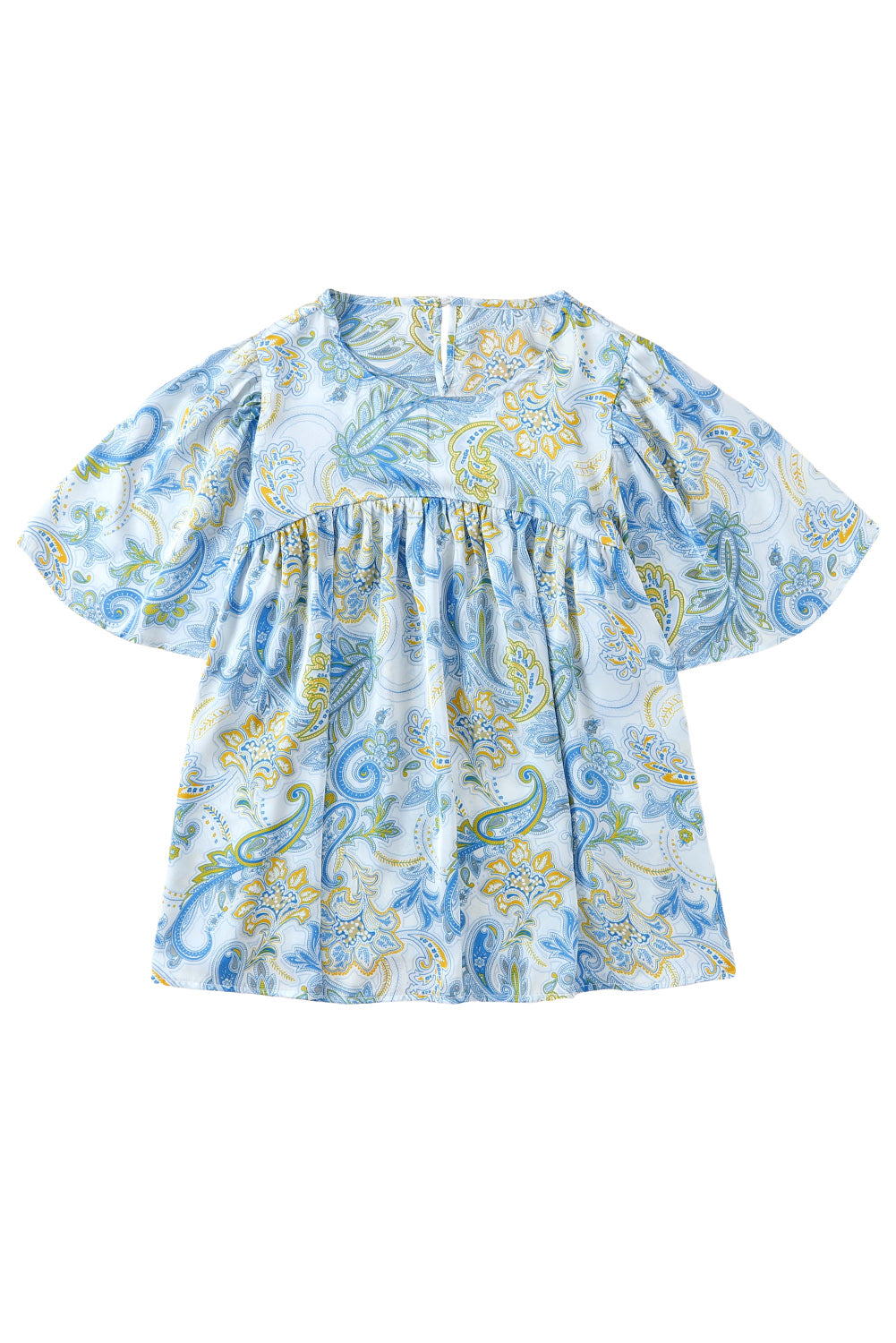 Hemelsblauwe losse blouse met paisleyprint en wijde mouwen