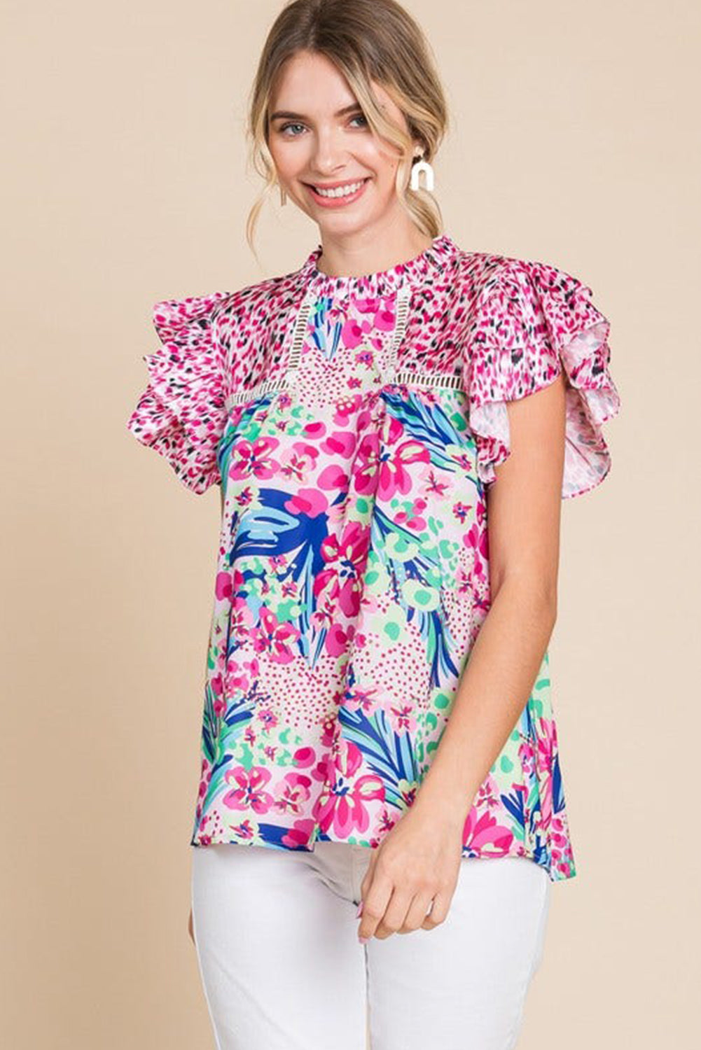 Roze bloemen gemengde print ruches cap mouw blouse