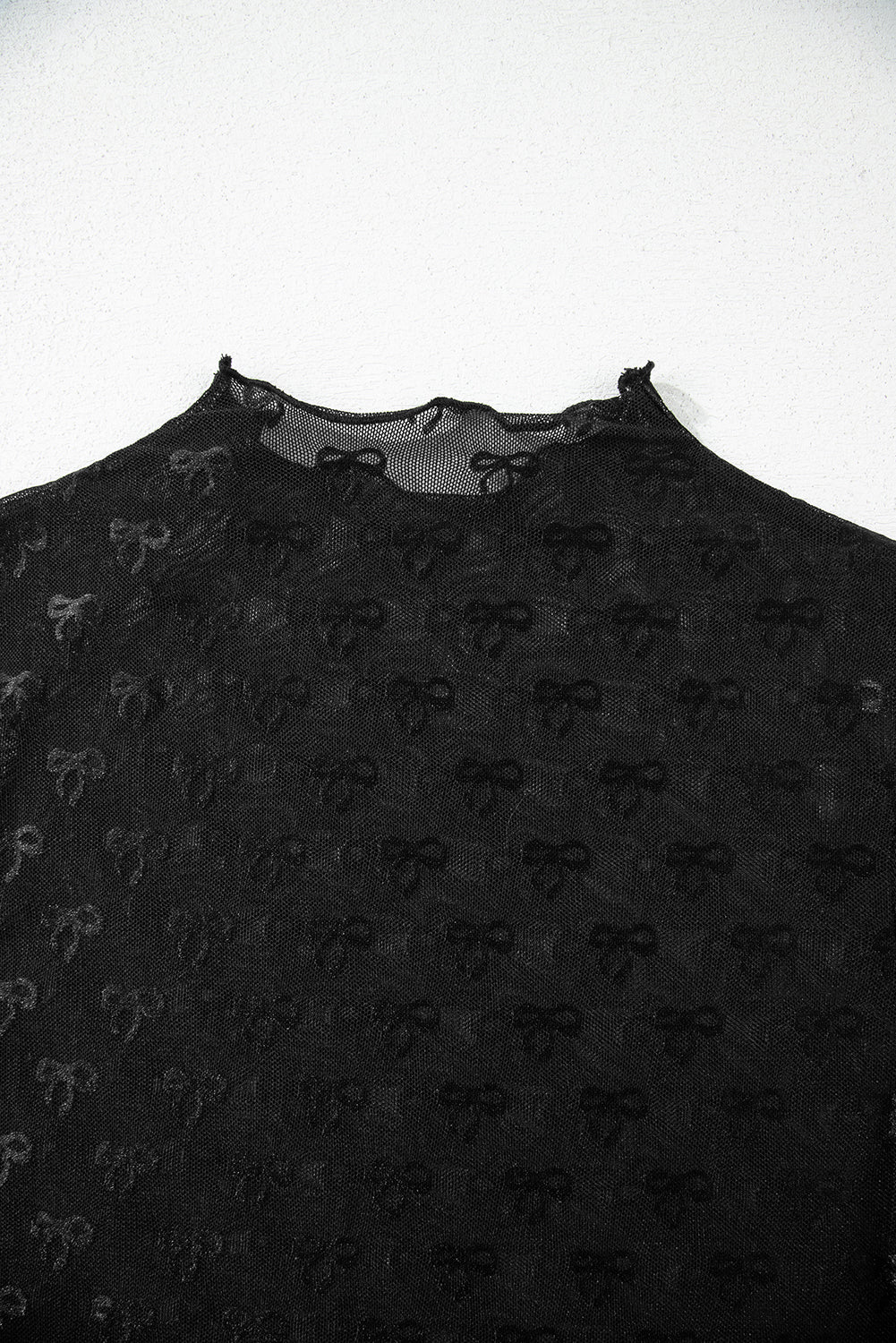 Black Bowknot Sheer Mesh Mock Neck Settuce Trim Short Sleeve Top