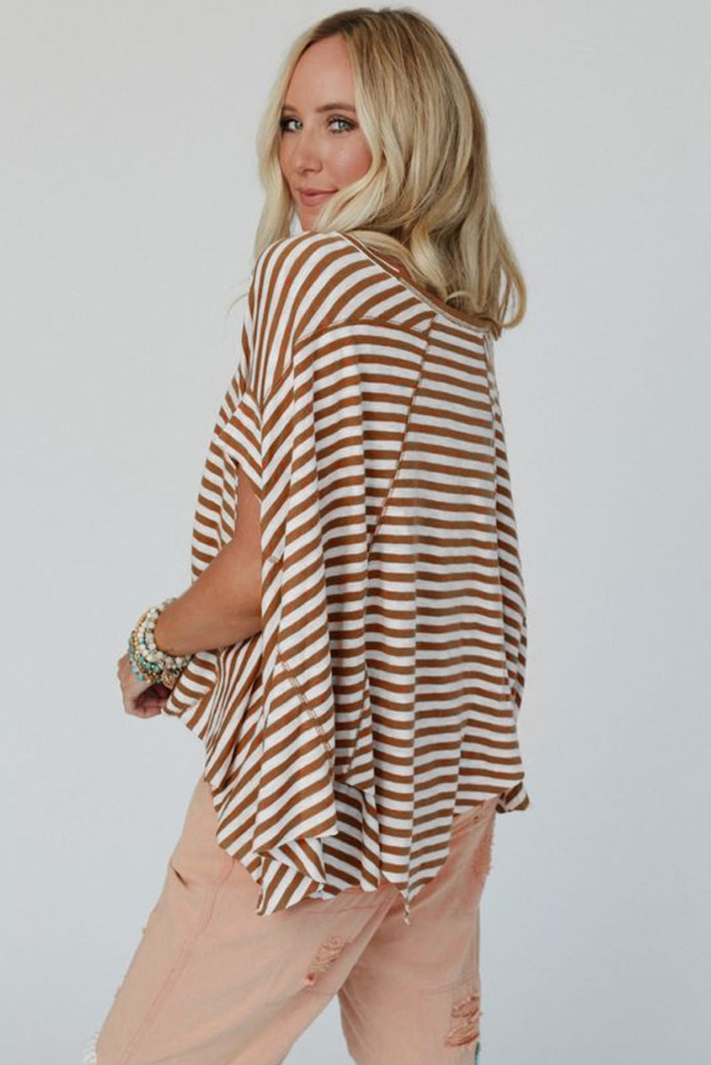 Kaki streep batwing mouw crewneck oversized top