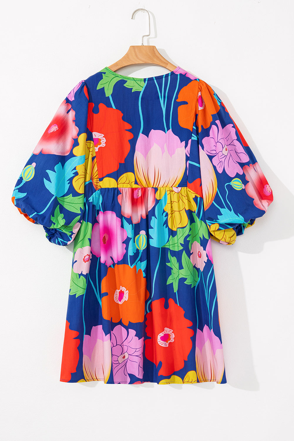 Donkerblauwe bloemenprint split nek babydoll jurk