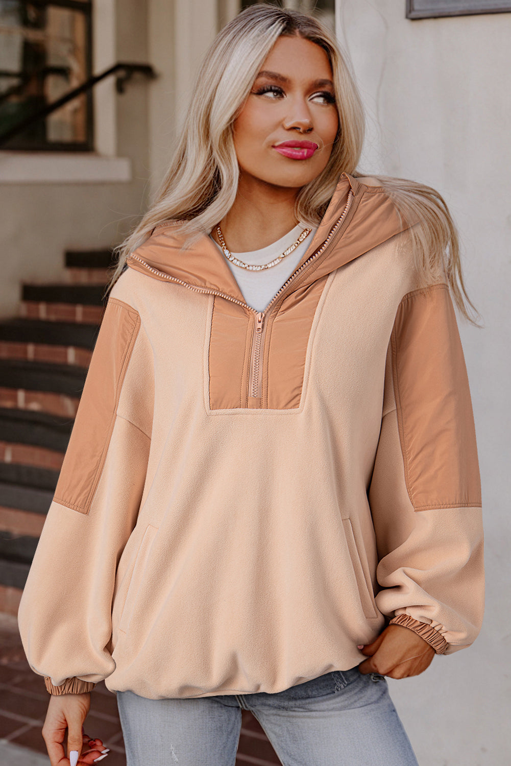 Roze kleurblokpatchwork Half Zip oversized sherpa hoodie