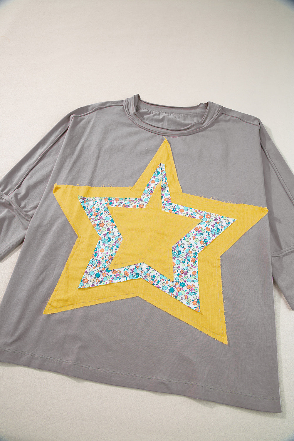 Rose Tan Floral Starbust Exposed Seam Mineral Wash Top