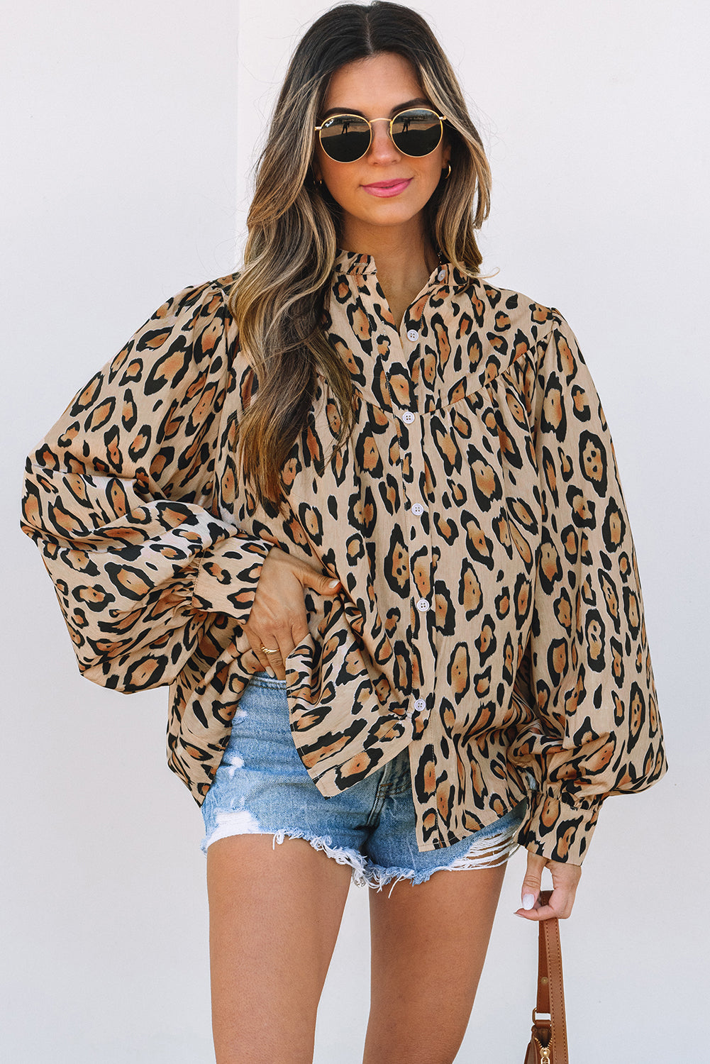 Licht Frans beige oversized luipaard print ballon mouw casual shirt