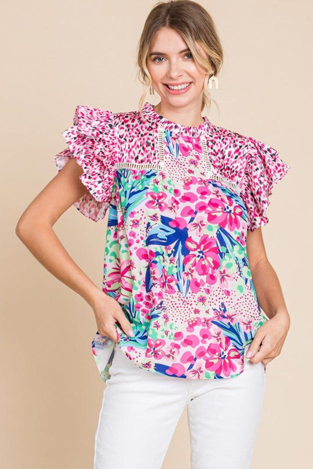 Roze bloemen gemengde print ruches cap mouw blouse