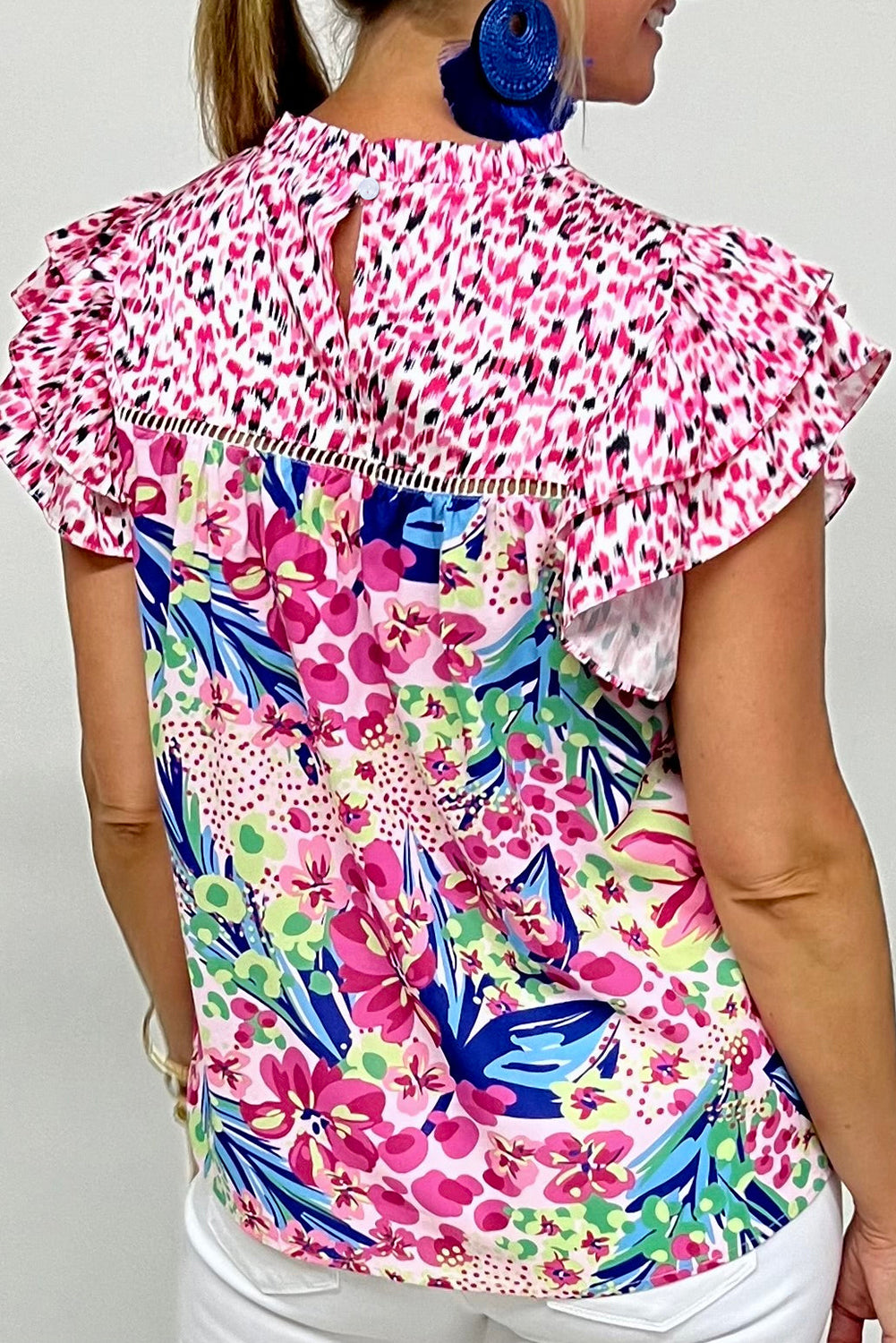 Roze bloemen gemengde print ruches cap mouw blouse