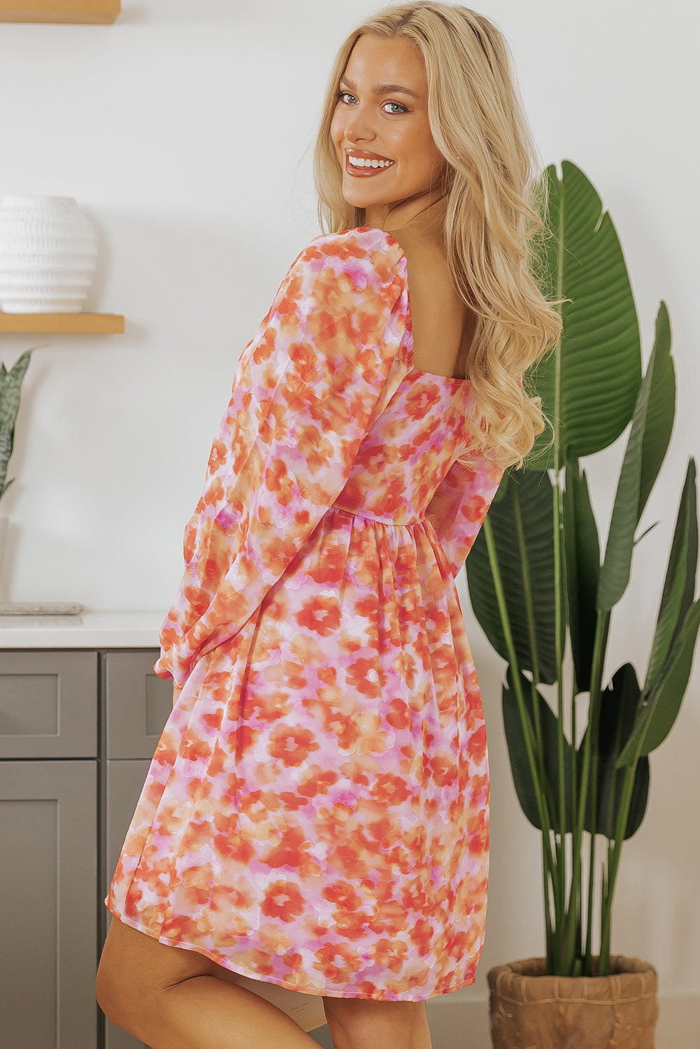 Rose Floral Print Square Neck High Taille Mini Dress