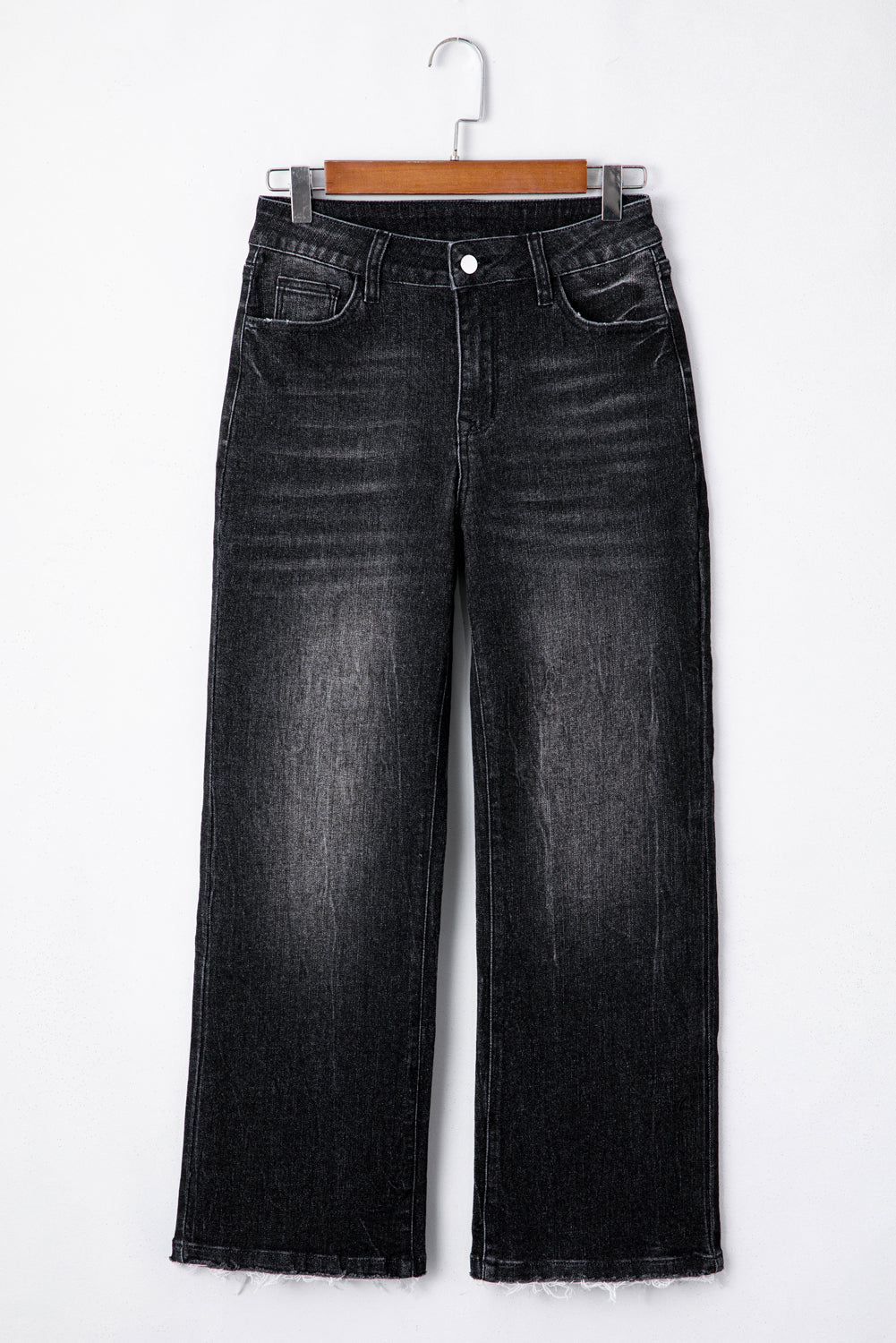 Koolstofgrijs mineraal wassen rauwe zoom hoge taille wijd uitlopende jeans