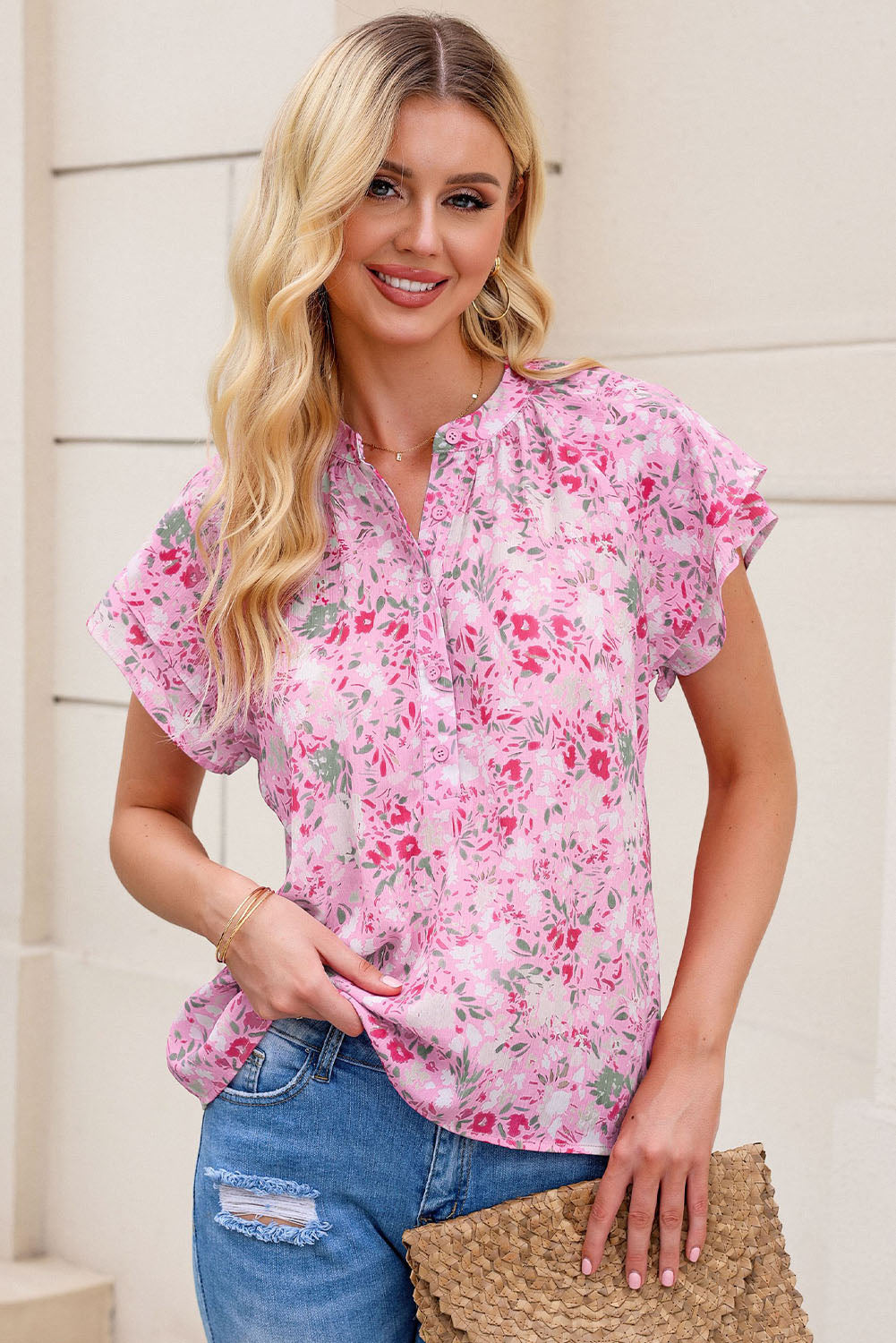 Roze bloemen mandarijn kraag top