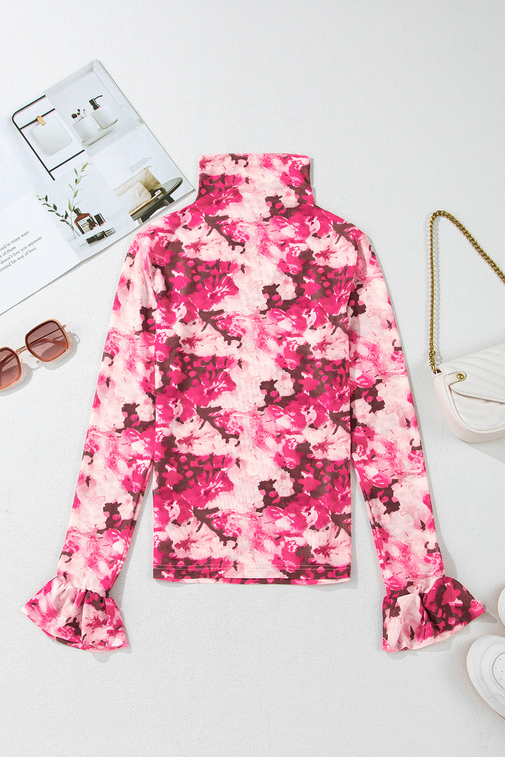 Rozen bloemen mesh founce mouw mock nek blouse