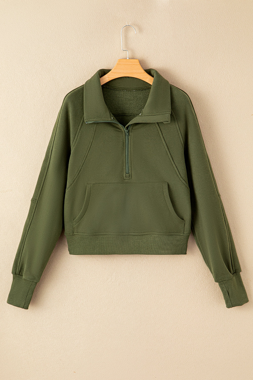 Smoke Green Fleece Lined Zip Up Stand Collar Thumbhole Sleeve Sweatshirt