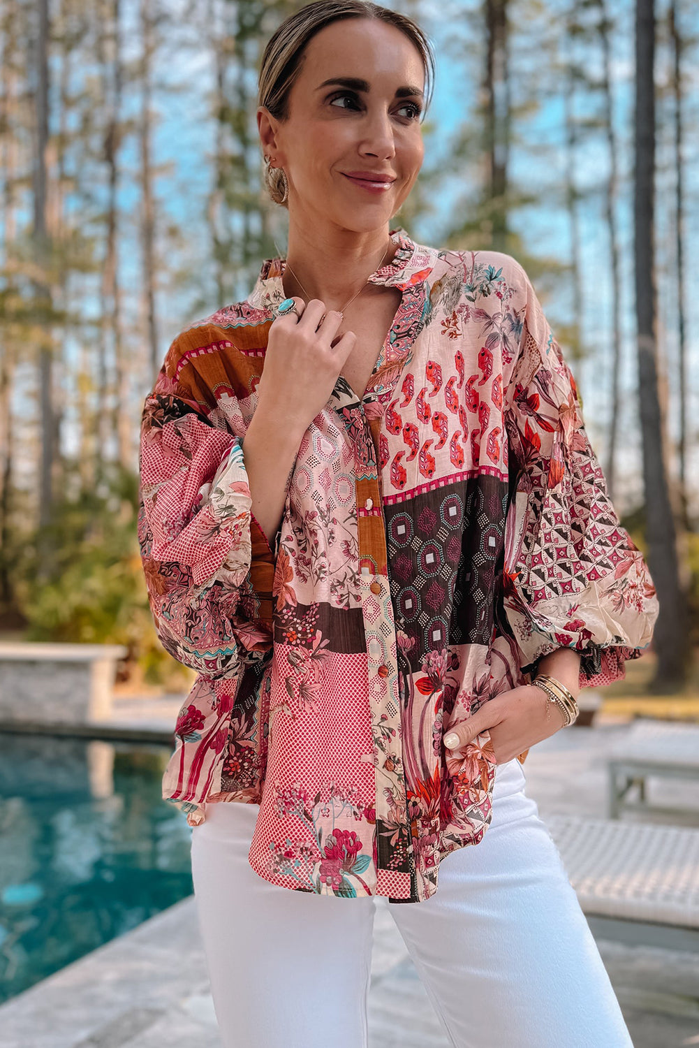 Rood Boho Geometrische gemengde print Patchwork Bubble Sleeve Shirt
