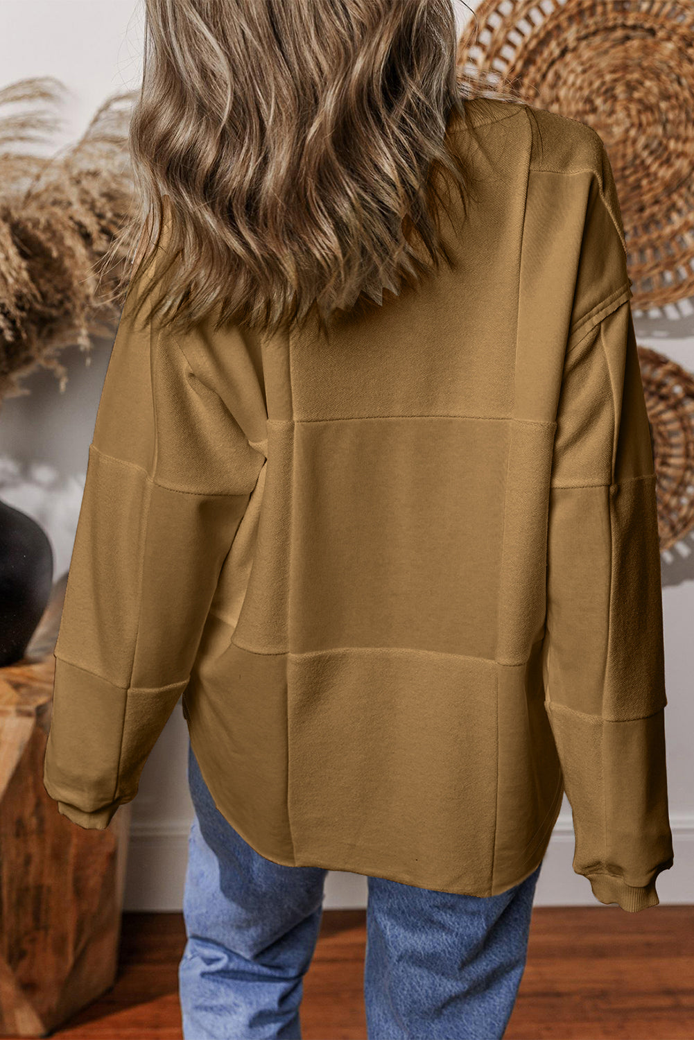 Licht Frans beige effen kleur patchwork drop schouder baggy sweatshirt