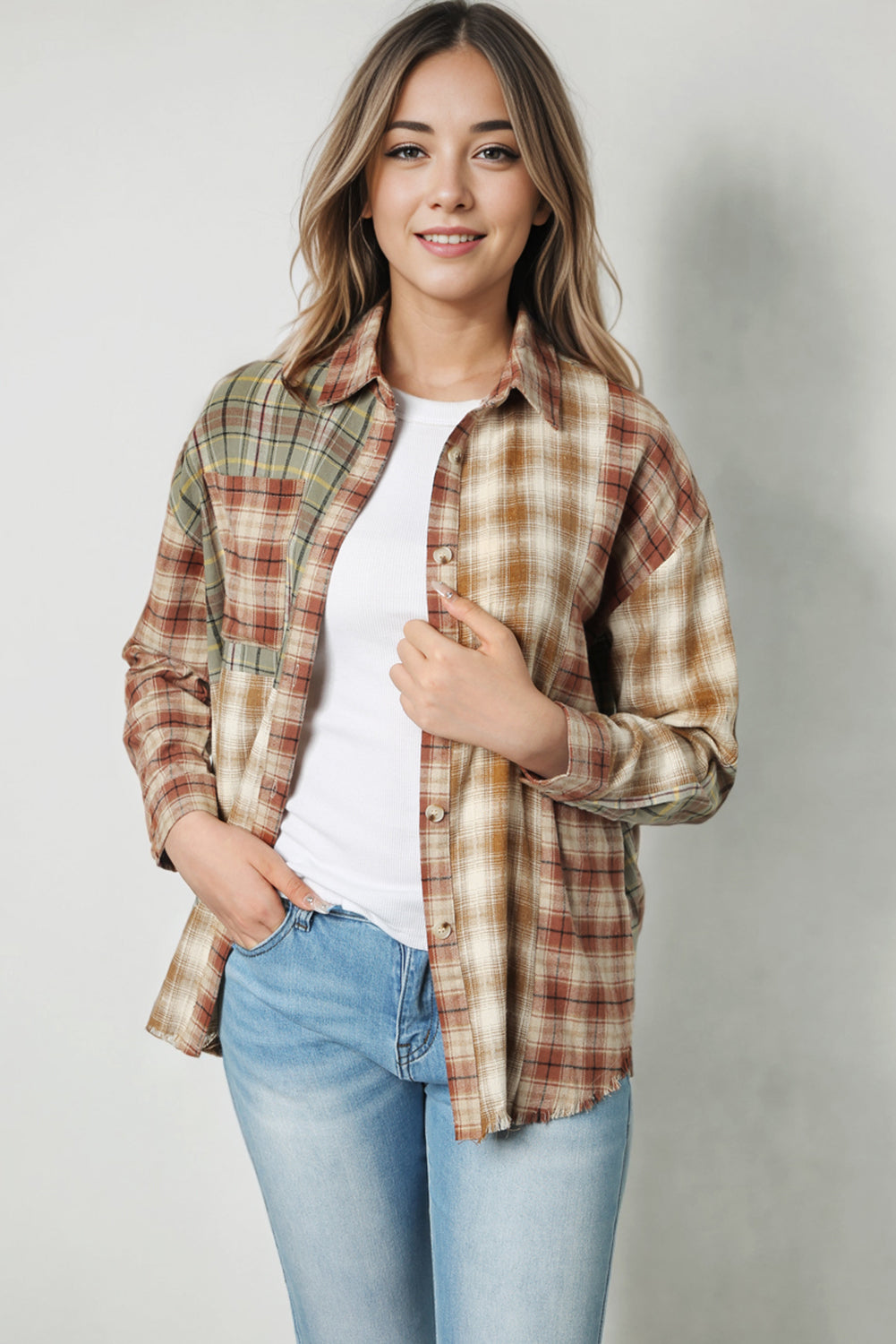 Bruin multi-geruit casual overhemd met ruwe rand en patchwork