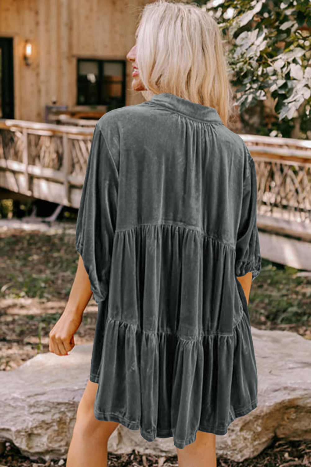 Donkergrijs tuniek-babydoll fluwelen shirt met 3/4 mouwen